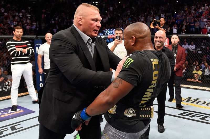 Brock Lesnar confronting Daniel Cormier inside the UFC octagon